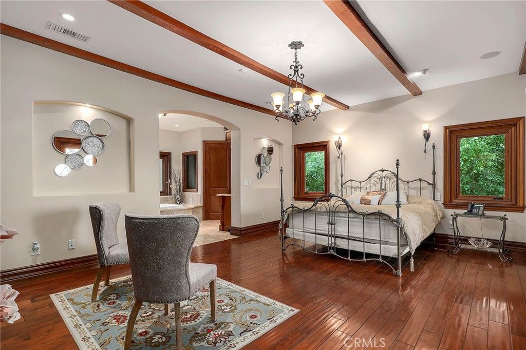 Bedroom, Chandelier, Interior, Recessed Lighting, Wooden Beams, Wood Texture Flooring