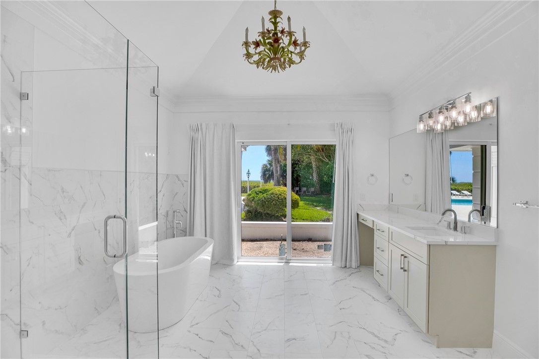 Bathroom, Dual Sink Vanities, Free Standing Baths, Glass Shower, Interior, Marble, Marble Walls