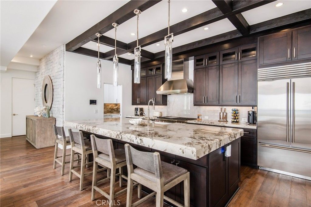 Interior, Kitchen, Pendant Lights, Recessed Lighting, Stainless Steel Appliances, Wooden Beams, Wood Texture Flooring
