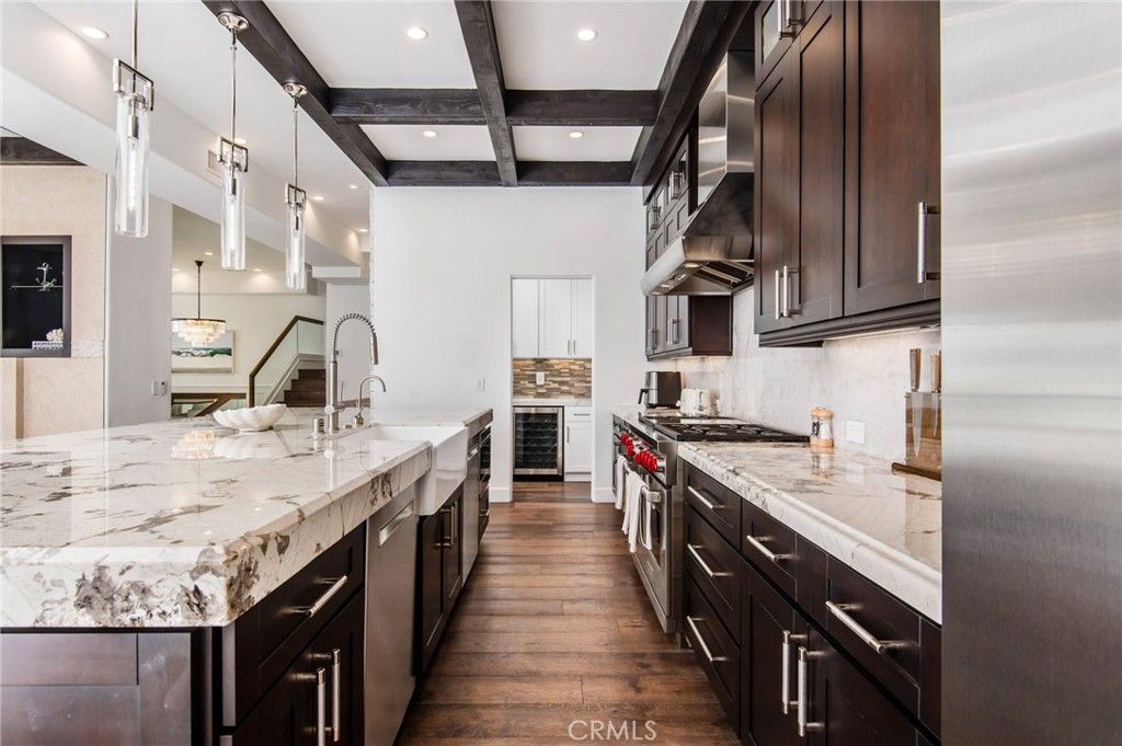 Interior, Kitchen, Pendant Lights, Recessed Lighting, Stainless Steel Appliances, Wooden Beams, Wood Texture Flooring