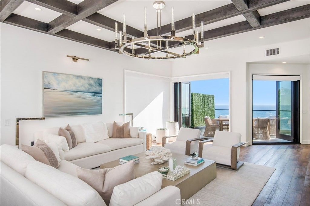 Chandelier, Interior, Living room, Pendant Lights, Recessed Lighting, Water, Wooden Beams, Wood Texture Flooring