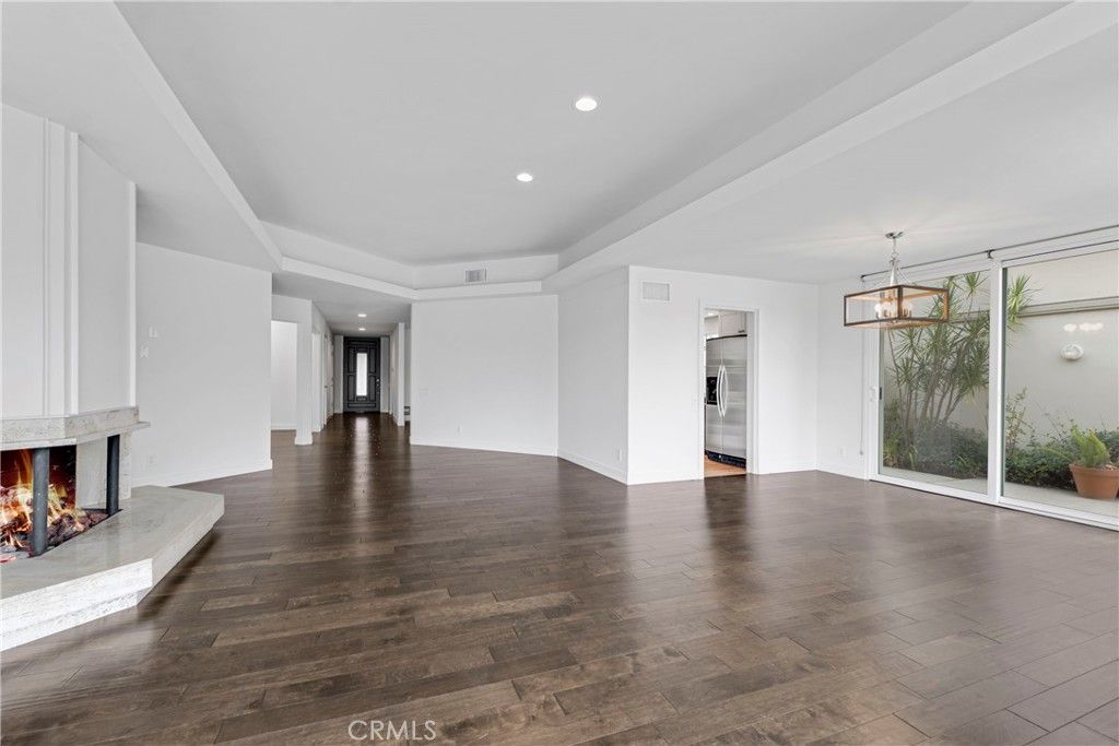 Empty room, Fireplace, Interior, Pendant Lights, Recessed Lighting, Wood Texture Flooring