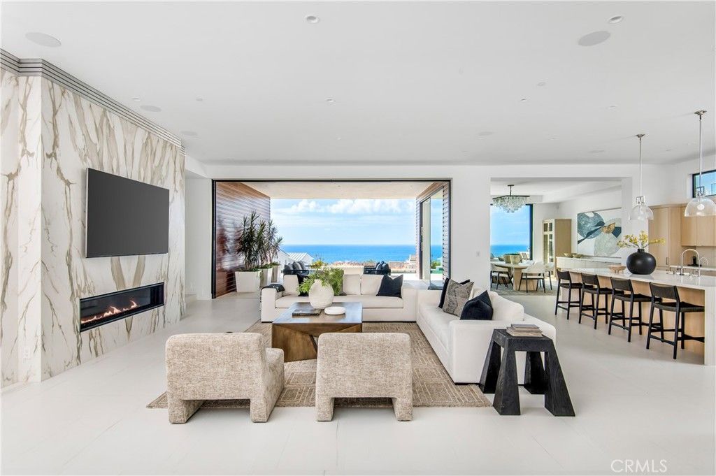 Dining room, Fireplace, Interior, Living room, Pendant Lights, Recessed Lighting, Water