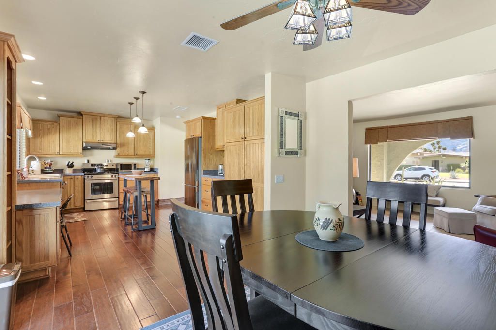Dining room, Interior, Kitchen, Pendant Lights, Recessed Lighting, Stainless Steel Appliances, Wood Texture Flooring