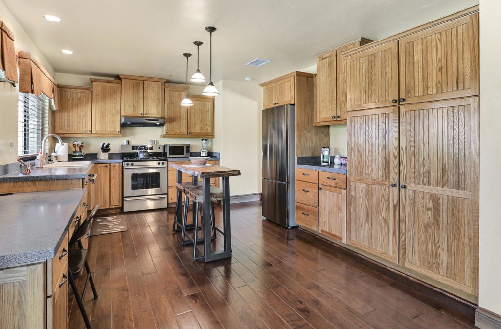 Interior, Kitchen, Pendant Lights, Recessed Lighting, Stainless Steel Appliances, Wood Texture Flooring