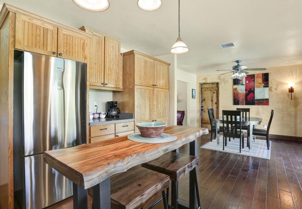 Dining room, Interior, Kitchen, Pendant Lights, Stainless Steel Appliances, Wood Texture Flooring