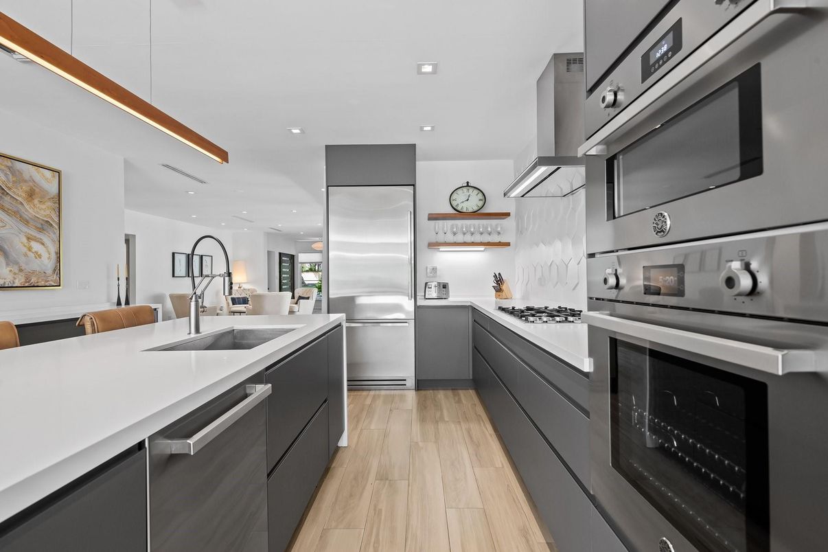Interior, Kitchen, Recessed Lighting, Stainless Steel Appliances, Wood Texture Flooring