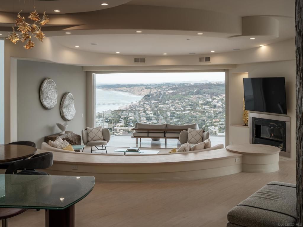 Fireplace, Interior, Living room, Recessed Lighting, Water, Wood Texture Flooring