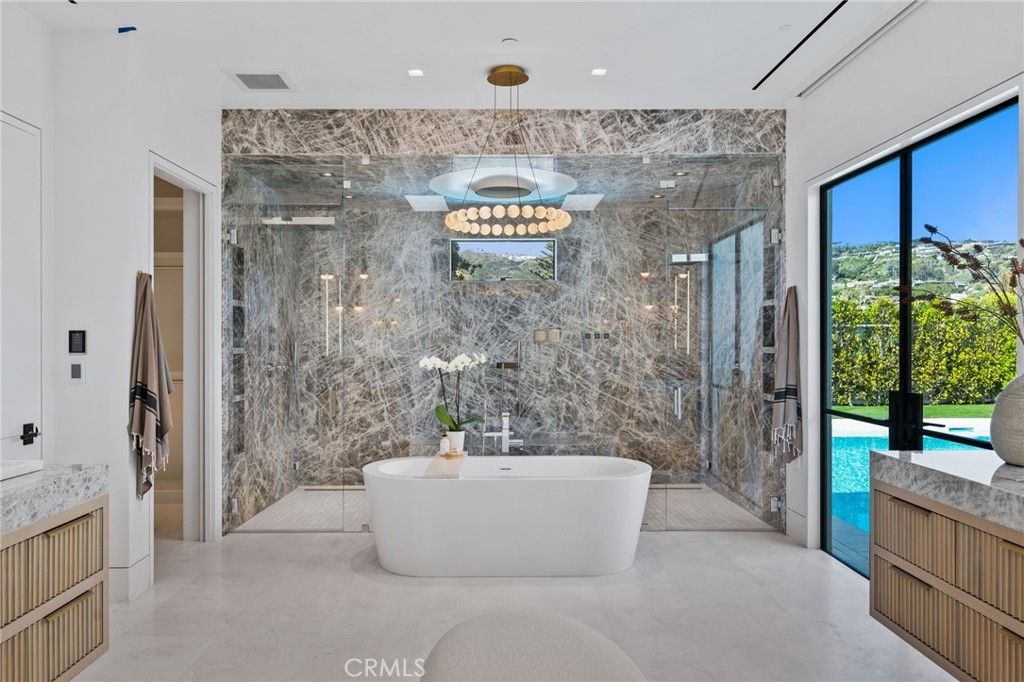 Bathroom, Free Standing Baths, Glass Shower, Interior, Marble Walls, Pendant Lights, Recessed Lighting