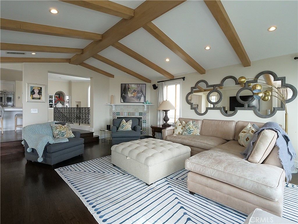 Fireplace, Interior, Living room, Recessed Lighting, Wooden Beams, Wood Texture Flooring