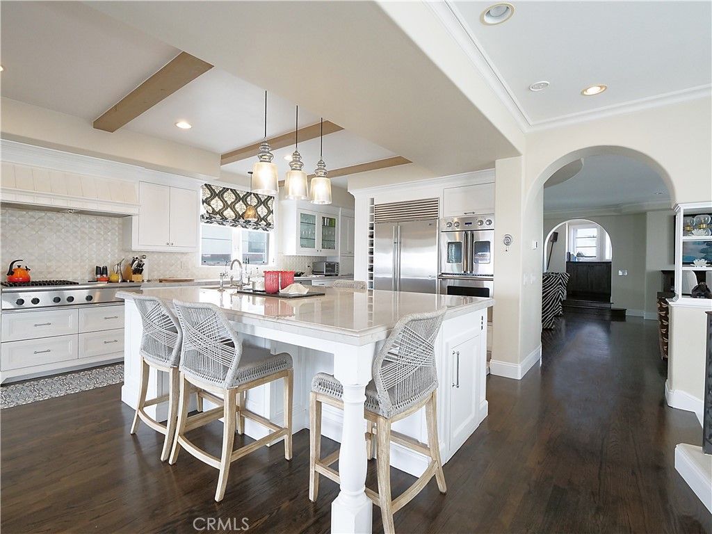 Interior, Kitchen, Pendant Lights, Recessed Lighting, Stainless Steel Appliances, Wooden Beams, Wood Texture Flooring