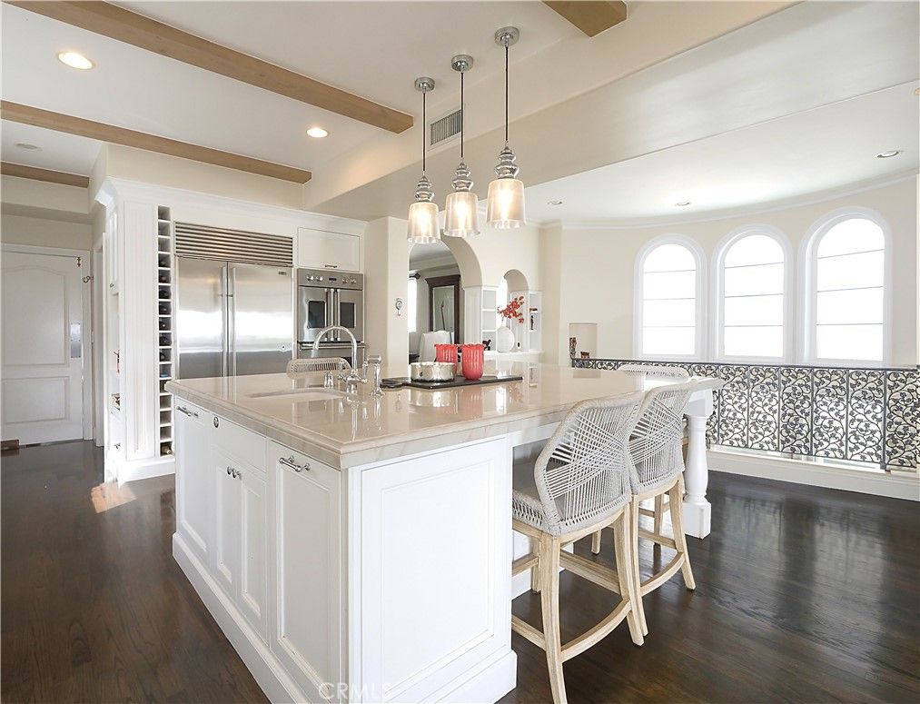 Interior, Kitchen, Pendant Lights, Recessed Lighting, Stainless Steel Appliances, Wooden Beams, Wood Texture Flooring