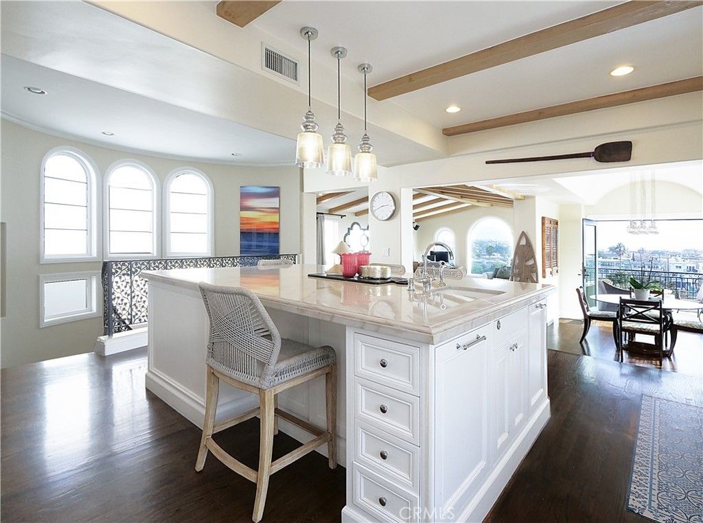 Dining room, Interior, Kitchen, Pendant Lights, Recessed Lighting, Wooden Beams, Wood Texture Flooring