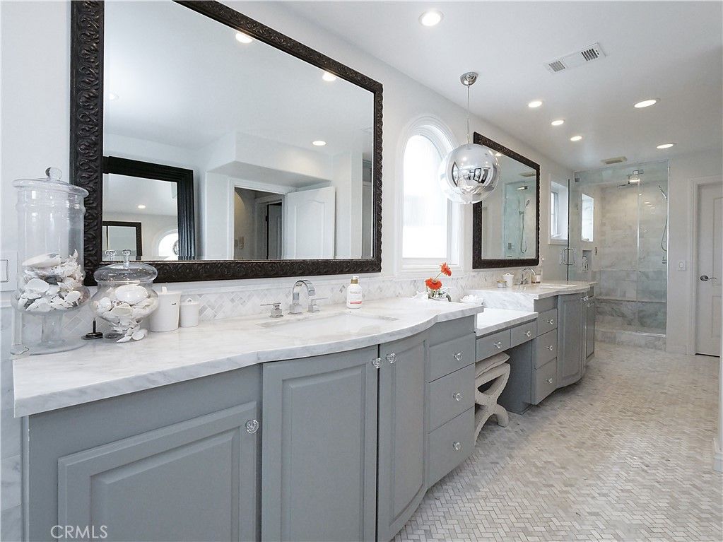Bathroom, Dual Sink Vanities, Glass Shower, Interior, Pendant Lights, Recessed Lighting