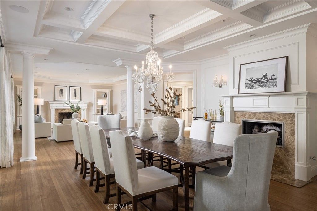 Chandelier, Dining room, Fireplace, Interior, Living room, Recessed Lighting, Wood Texture Flooring