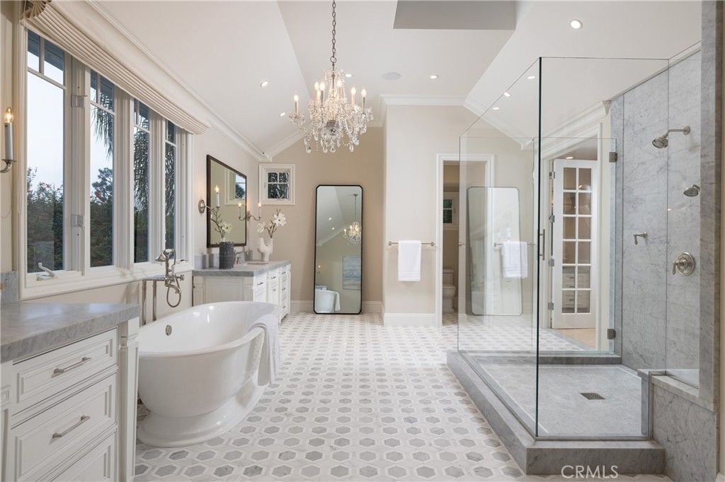 Bathroom, Chandelier, Free Standing Baths, Glass Shower, Interior, Recessed Lighting