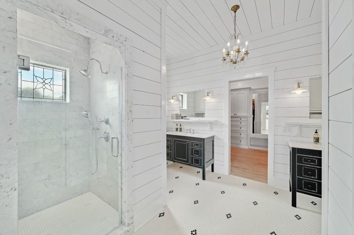 Bathroom, Chandelier, Glass Shower, Interior, Marble Walls, Pendant Lights, Wood Texture Flooring