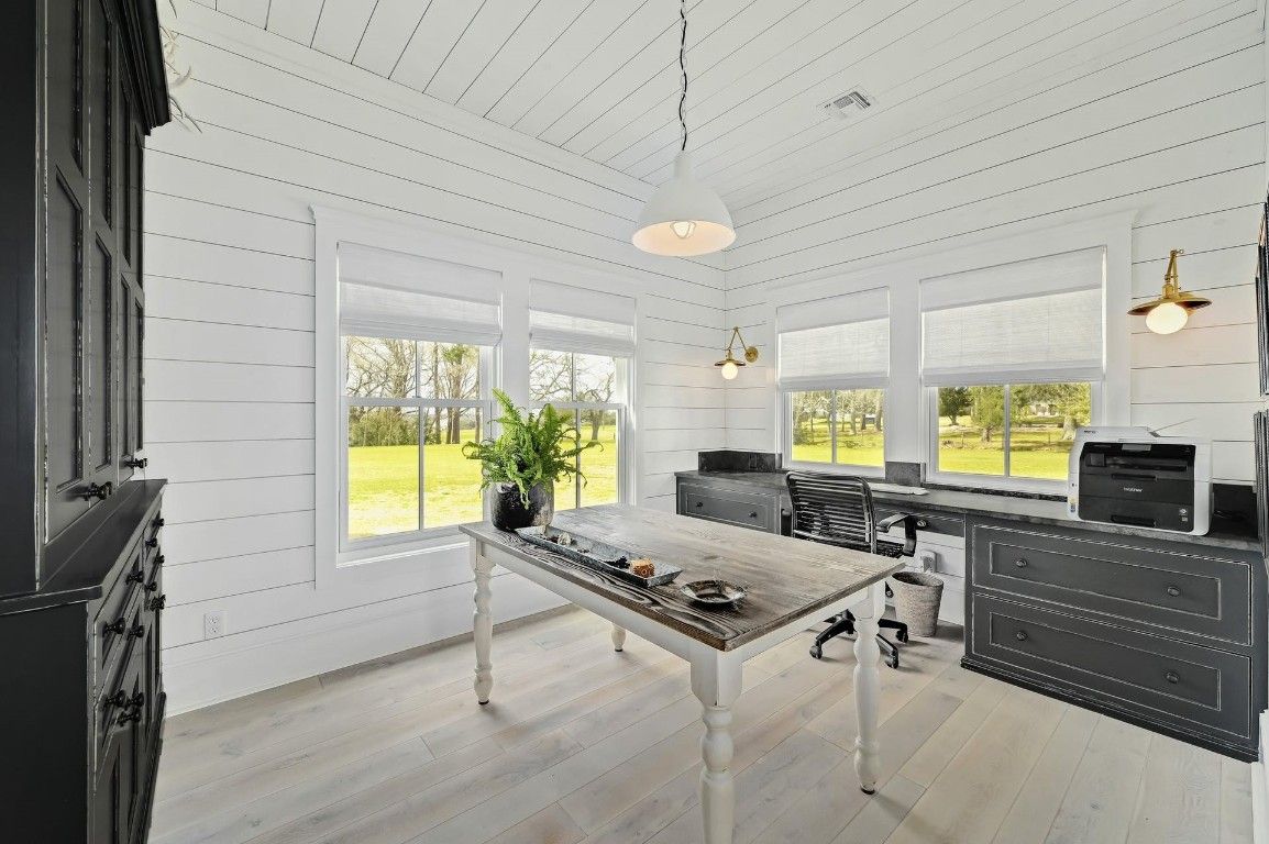 Home Office, Interior, Pendant Lights, Wood Texture Flooring