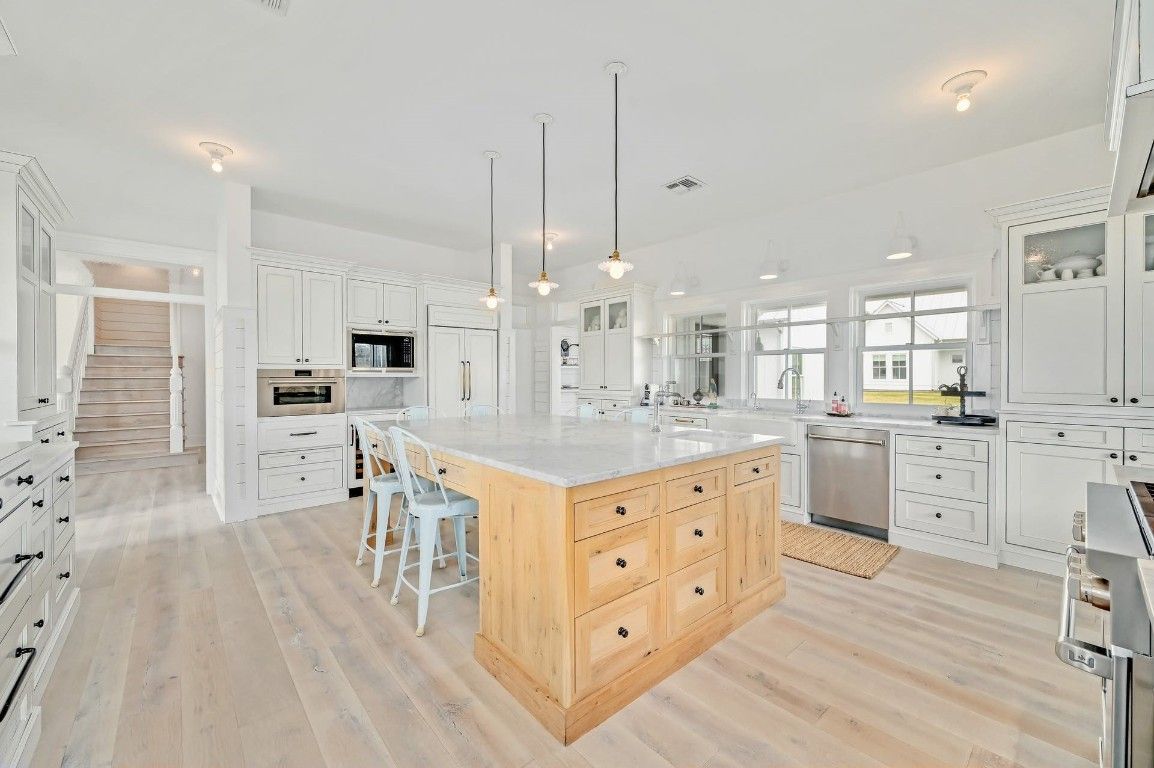 Interior, Kitchen, Pendant Lights, Stainless Steel Appliances, Wood Texture Flooring