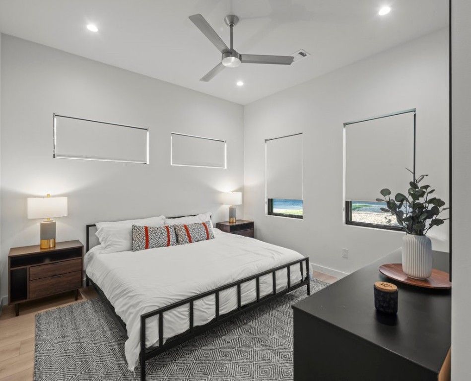 Bedroom, Interior, Recessed Lighting, Wood Texture Flooring