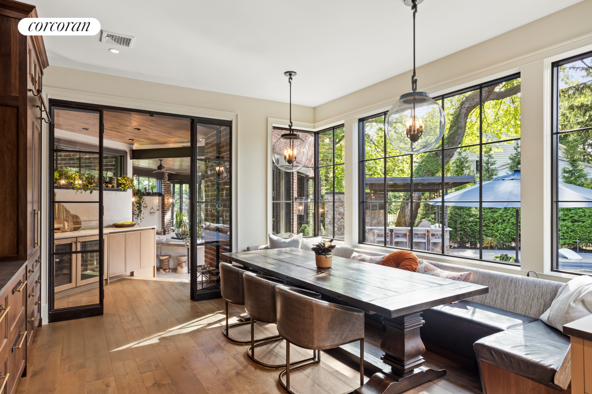 Dining room, Interior, Pendant Lights, Recessed Lighting, Wood Texture Flooring
