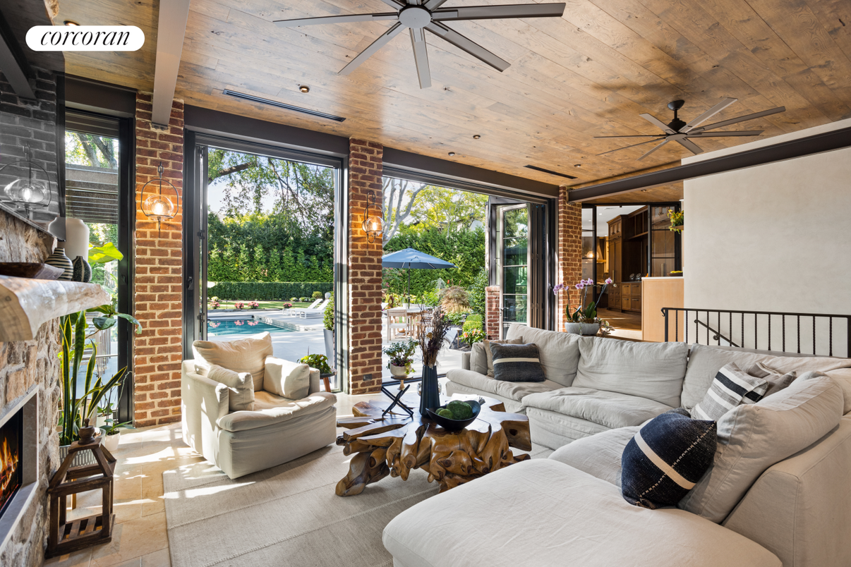 Fireplace, Interior, Living room, Recessed Lighting, Stone Walls, Wooden Ceilings
