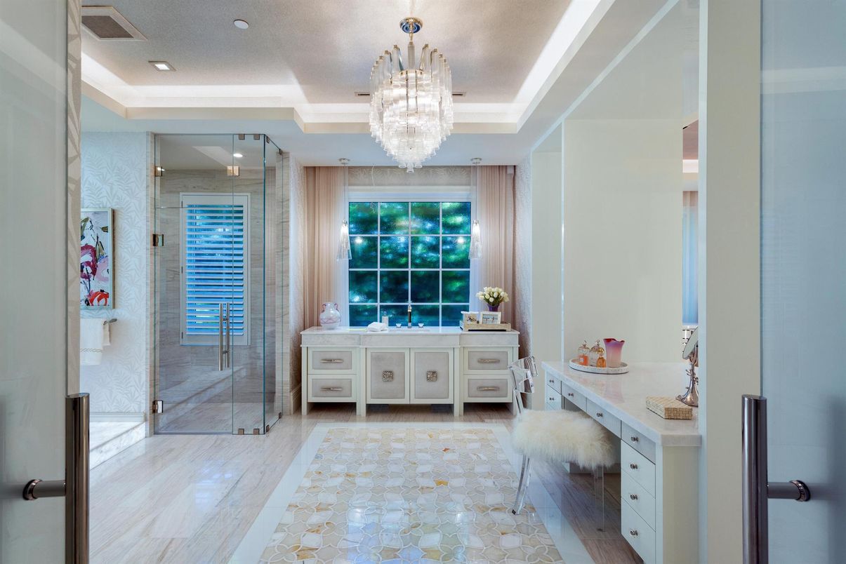 Bathroom, Chandelier, Glass Shower, Interior, Recessed Lighting