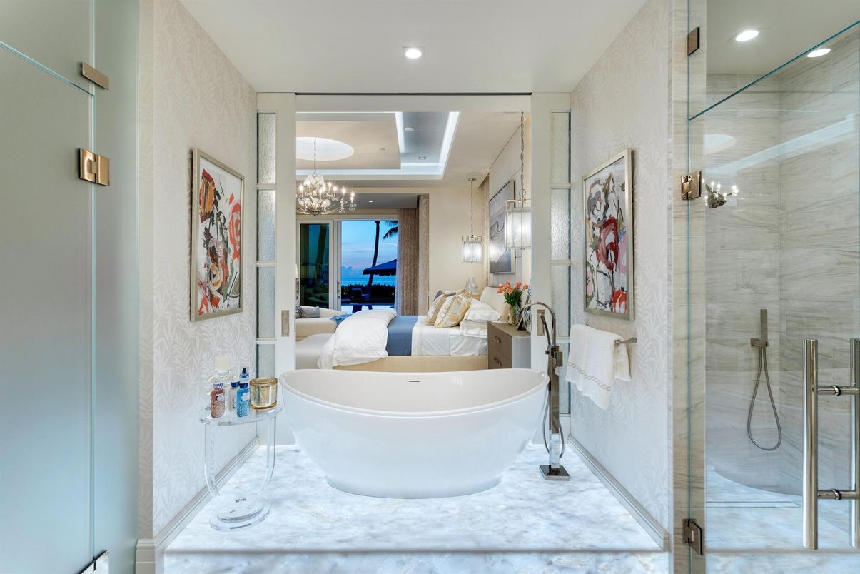Bathroom, Chandelier, Free Standing Baths, Glass Shower, Interior, Recessed Lighting, Water