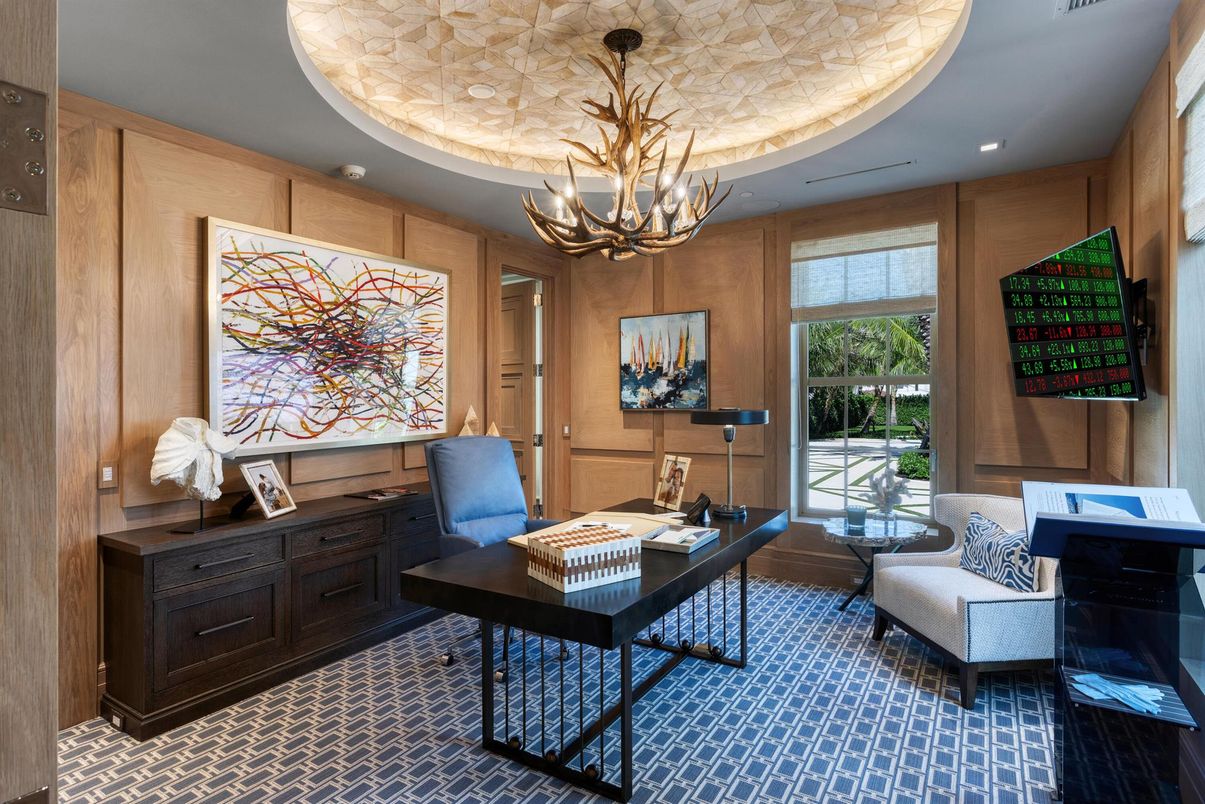 Chandelier, Home Office, Interior, Recessed Lighting, Wooden Walls