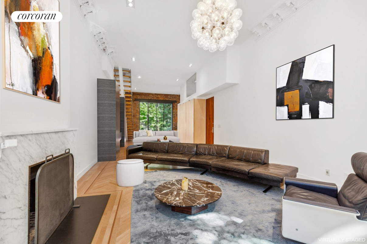 Chandelier, Fireplace, Interior, Living room, Marble Walls, Recessed Lighting, Wood Texture Flooring