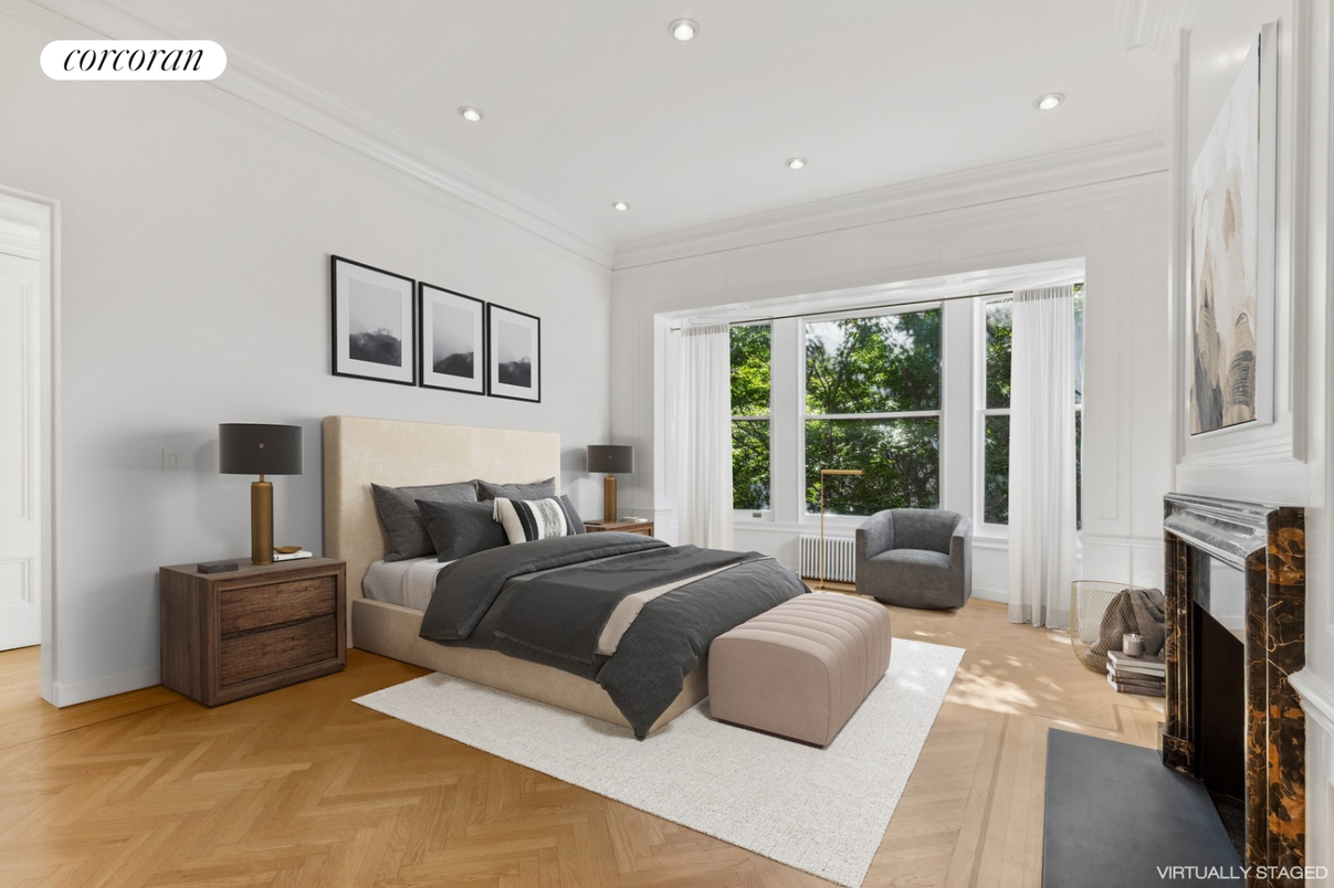 Bedroom, Fireplace, Interior, Recessed Lighting, Wood Texture Flooring