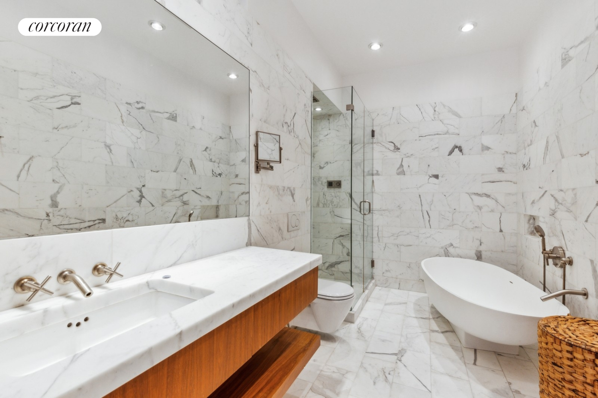 Bathroom, Dual Sink Vanities, Free Standing Baths, Glass Shower, Interior, Marble, Marble Walls, Recessed Lighting
