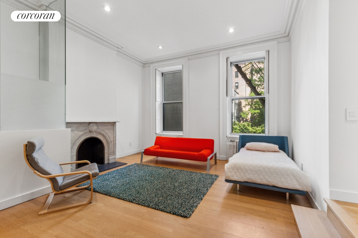 Bedroom, Fireplace, Interior, Recessed Lighting, Wood Texture Flooring