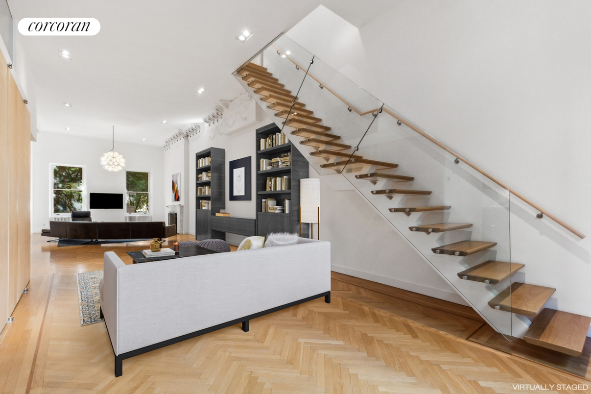 Chandelier, Fireplace, Interior, Living room, Recessed Lighting, Wood Texture Flooring