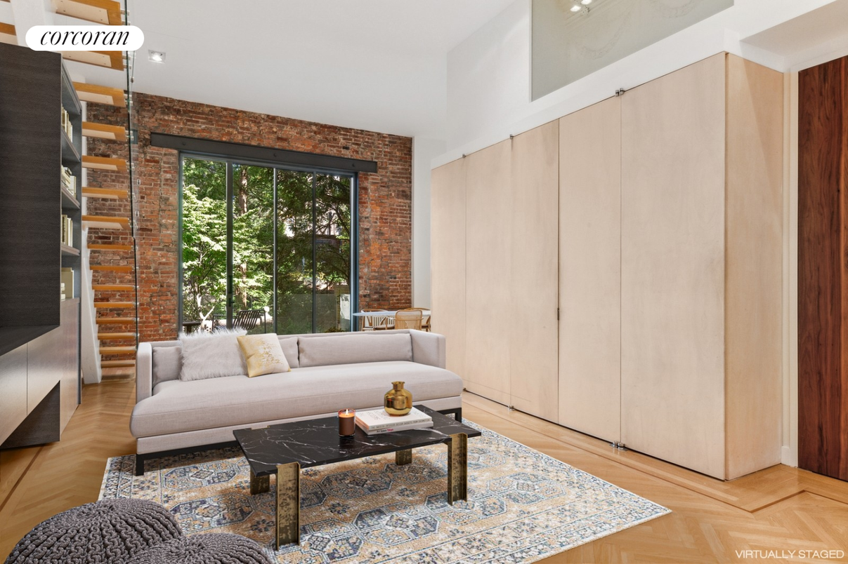 Interior, Living room, Recessed Lighting, Stone Walls, Wood Texture Flooring