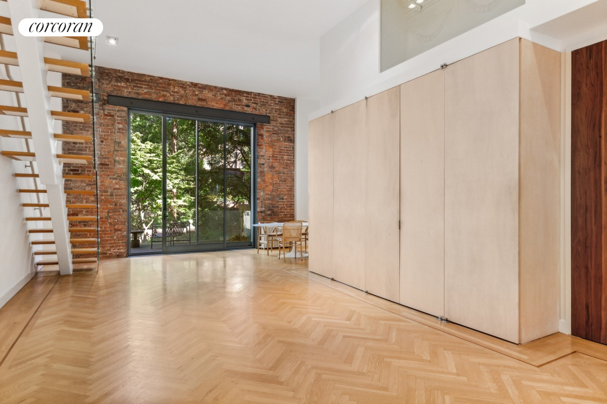 Empty room, Interior, Recessed Lighting, Stone Walls, Wood Texture Flooring