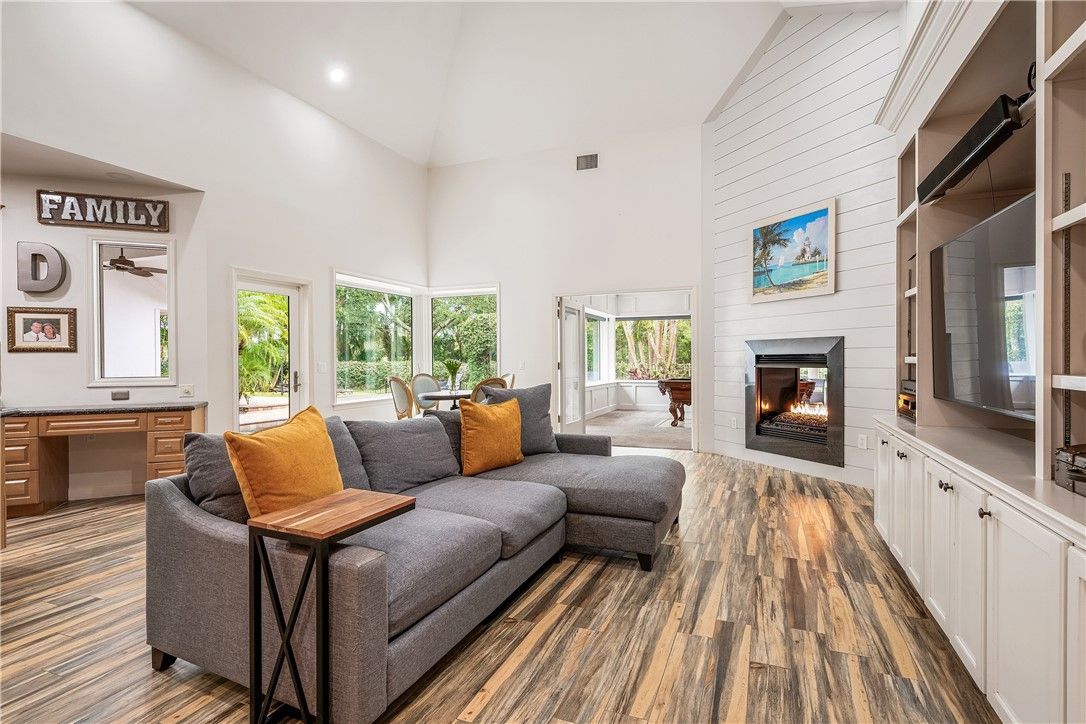 Fireplace, Interior, Living room, Recessed Lighting, Wood Texture Flooring
