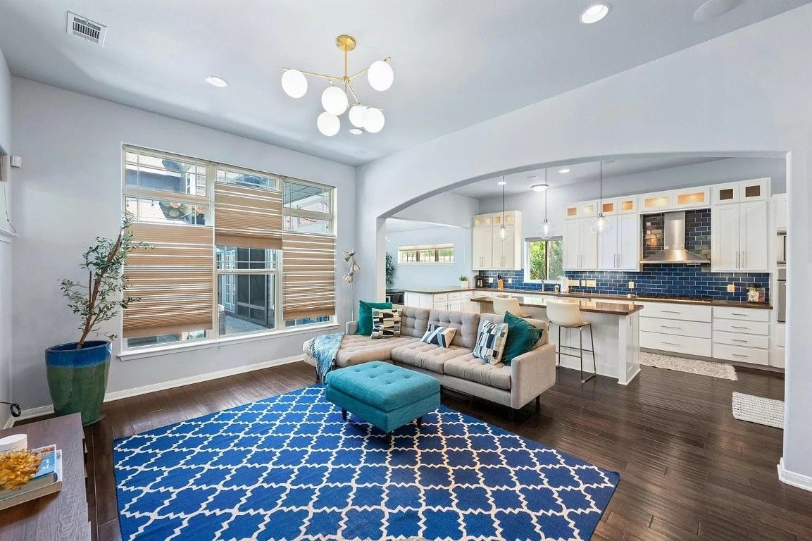 Interior, Kitchen, Living room, Pendant Lights, Recessed Lighting, Wood Texture Flooring