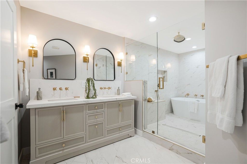 Bathroom, Dual Sink Vanities, Free Standing Baths, Glass Shower, Interior, Marble, Marble Walls, Recessed Lighting