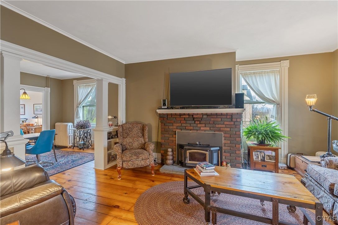 Dining room, Fireplace, Interior, Wood Texture Flooring