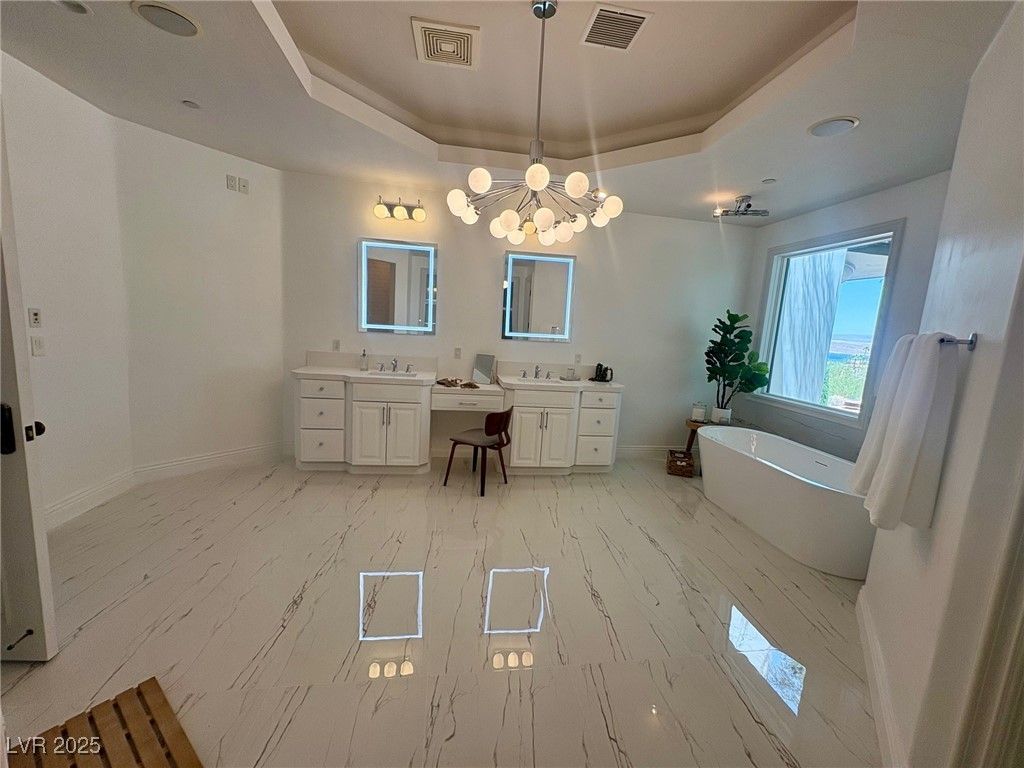 Bathroom, Dual Sink Vanities, Free Standing Baths, Interior, Marble, Pendant Lights