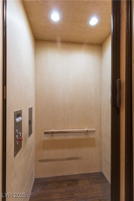 Elevator, Interior, Recessed Lighting, Wooden Ceilings, Wood Texture Flooring, Wooden Walls