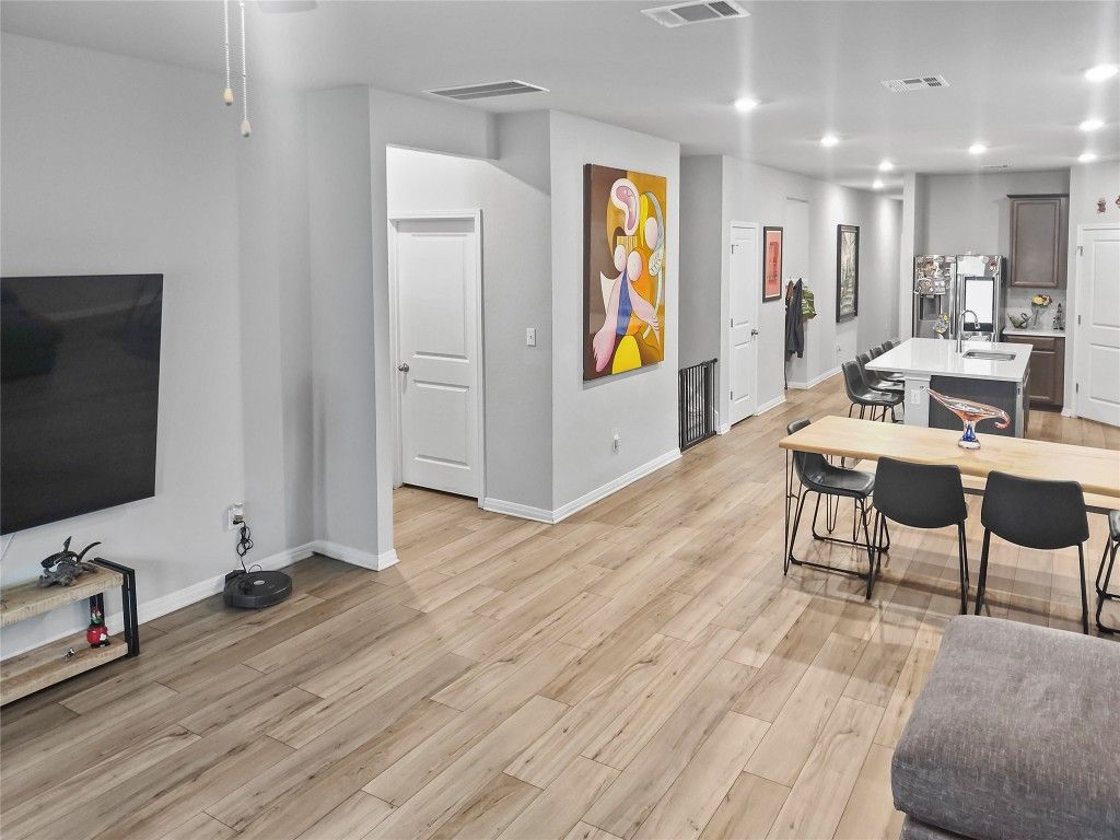Dining room, Interior, Kitchen, Recessed Lighting, Wood Texture Flooring