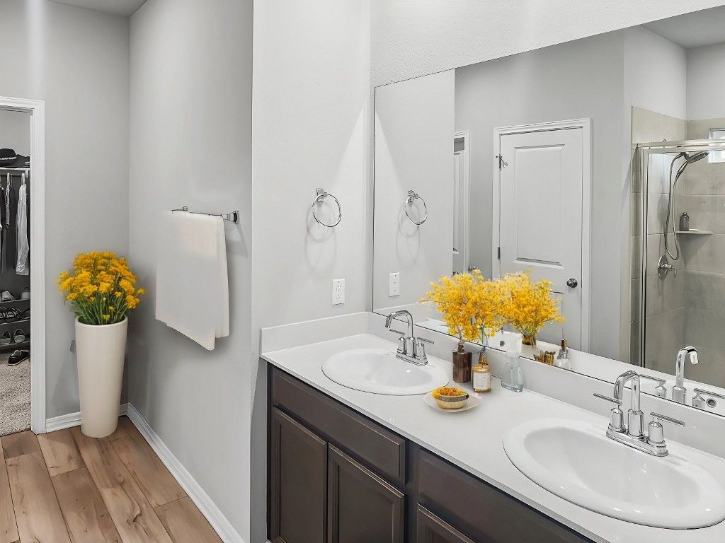 Bathroom, Dual Sink Vanities, Interior, Wood Texture Flooring