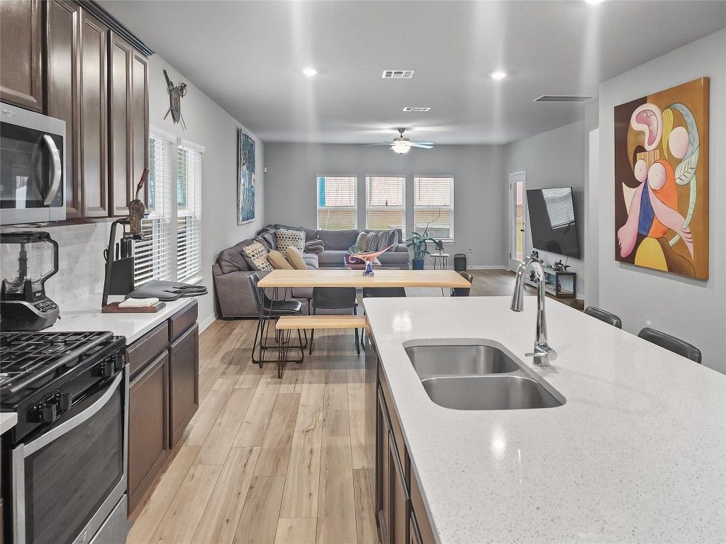 Dining room, Interior, Kitchen, Living room, Recessed Lighting, Wood Texture Flooring