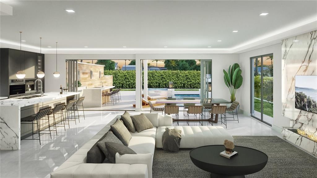 Dining room, Fireplace, Interior, Kitchen, Living room, Pendant Lights, Recessed Lighting