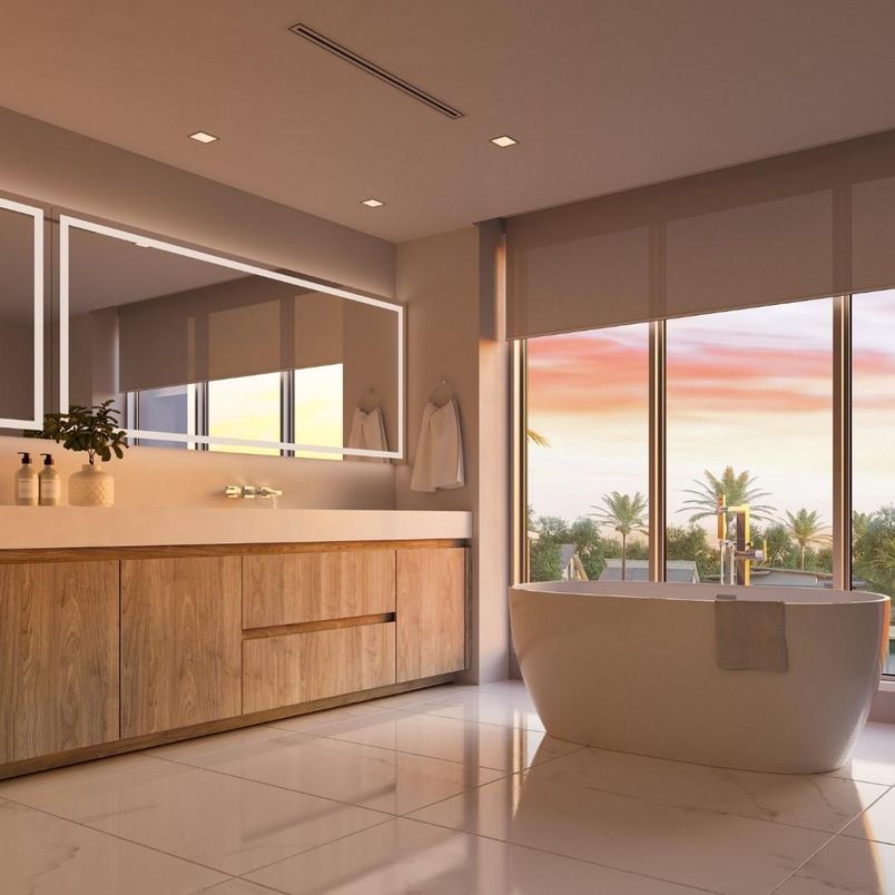 Bathroom, Free Standing Baths, Interior, Marble, Recessed Lighting, Water