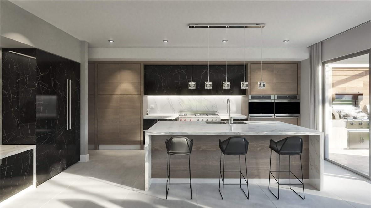 Interior, Kitchen, Marble Walls, Recessed Lighting, Stainless Steel Appliances
