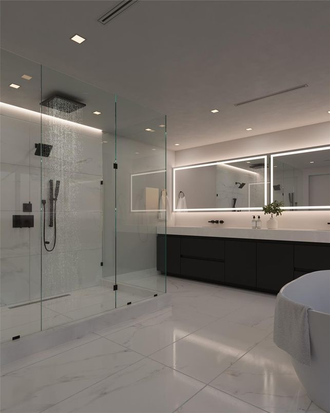 Bathroom, Dual Sink Vanities, Glass Shower, Interior, Marble, Recessed Lighting