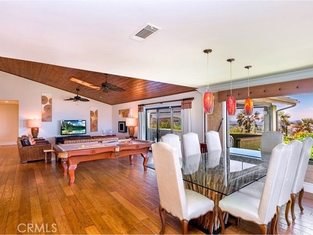 Billiard Table, Dining room, Game Room, Interior, Pendant Lights, Recessed Lighting, Wooden Ceilings, Wood Texture Flooring